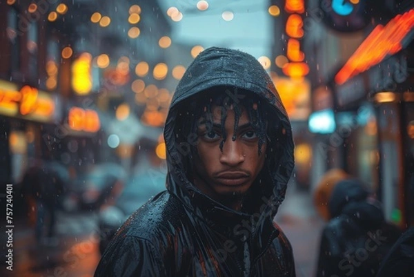 Fototapeta A young male with dreadlocks looks intently at the camera, moisture evident on his hooded jacket amidst a rainy urban setting