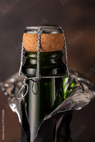 Fototapeta Macro photography of sparkling wine; bottle, cork; champagne; bubble; design; winery; drink; background; celebration; romance; bar, restaurant, conceptual