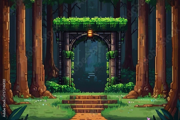 Fototapeta Pixel art game background. Forest portal, magic gate view. Enchanting pixel art scenery for gaming.