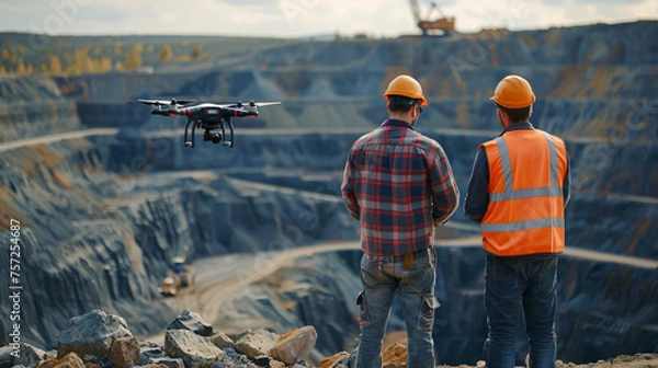 Fototapeta Construction worker on construction site, control whit drone. Generative AI