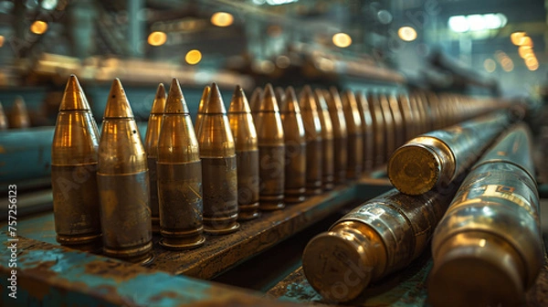 Fototapeta Production of projectiles for war. Large calibre for tanks. Generative AI