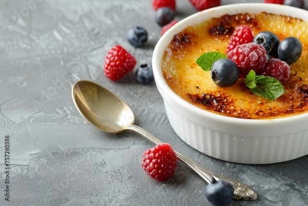 Fototapeta Delicious creme brulee with berries in bowl and spoon on grey table, closeup. Space for text