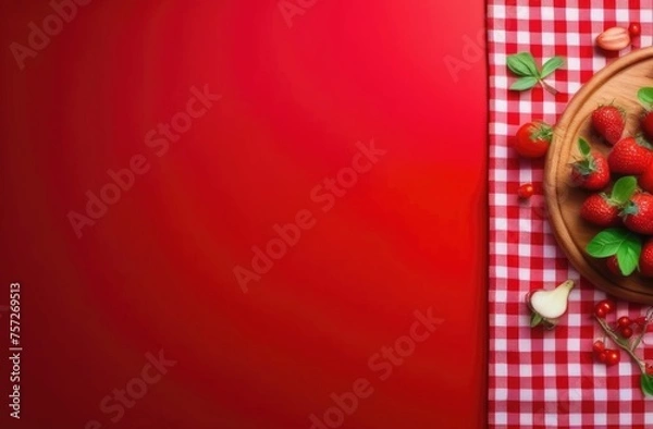 Fototapeta Wooden table, red tablecloth. Top view. Empty place to install the product, text space, berries in a plate, delicious strawberries
