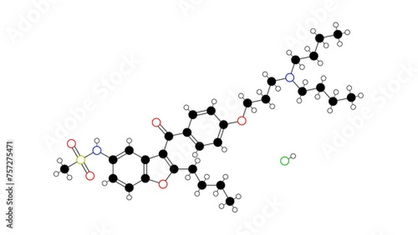 Fototapeta dronedarone hydrochloride molecule, structural chemical formula, ball-and-stick model, isolated image benzofuran derivative