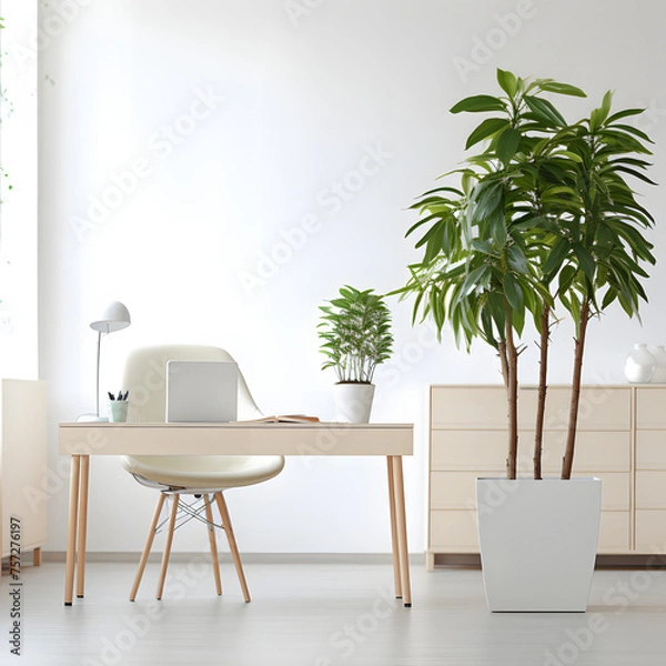 Fototapeta Clean Modern Office Empty with Indoor Plant Generative AI
