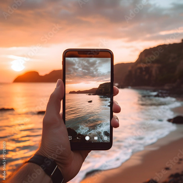 Fototapeta Close-Up Shot of a Hand Holding a Smartphone Taking a Photo of the Sunset Generative AI
