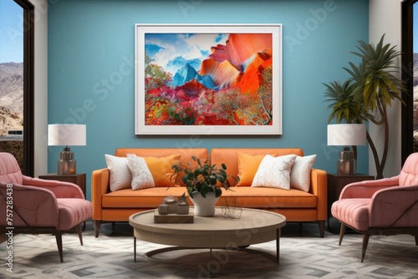 Fototapeta Mockup of a living room, colorful, bright, with a large picture frame.
