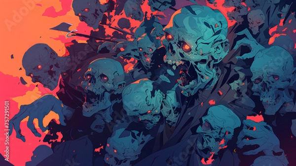 Fototapeta a group of scary 3d zombie invasion and dark atmosphere