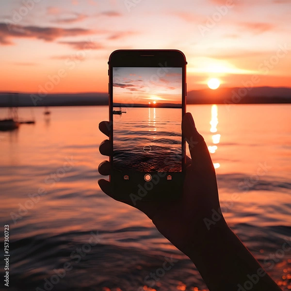 Fototapeta Close-Up Shot of a Hand Holding a Smartphone Taking a Photo of the Sunset Generative AI
