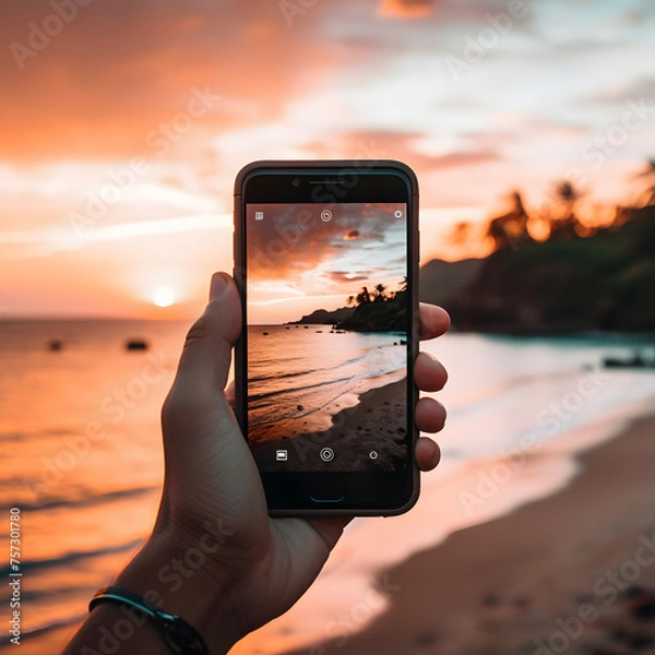 Fototapeta Close-Up Shot of a Hand Holding a Smartphone Taking a Photo of the Sunset Generative AI
