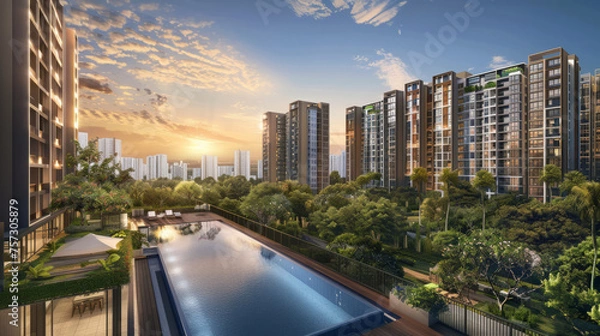 Fototapeta Promotional rendering for a new residential development. Residential complex. 