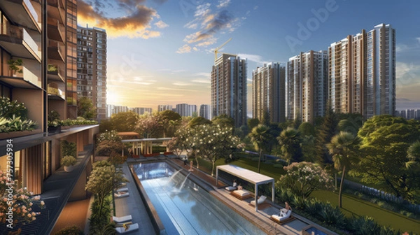 Fototapeta Promotional rendering for a new residential development. Residential complex. 