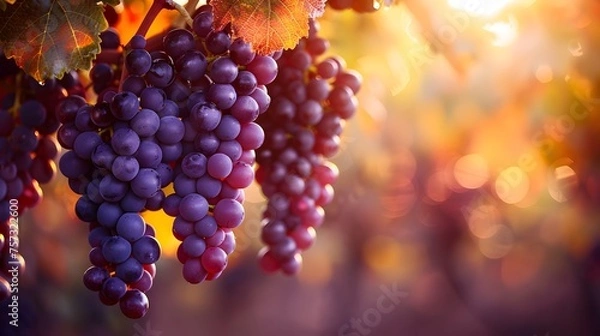 Fototapeta A bunch of grapes hanging from a vine with a leafy stem