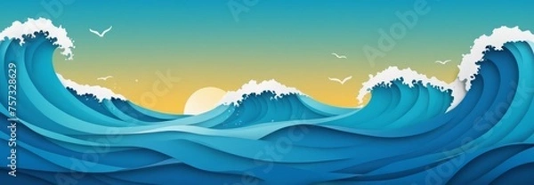 Fototapeta Sea illustration, blue waves. Summer design. Wide panorama. Design concept for water park, tourism, cruise, advertising, print. flat lay, copy space