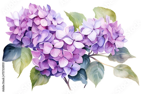 Fototapeta watercolor painting realistic Purple hydrangea flowers, branches and leaves on white background. Clipping path included.