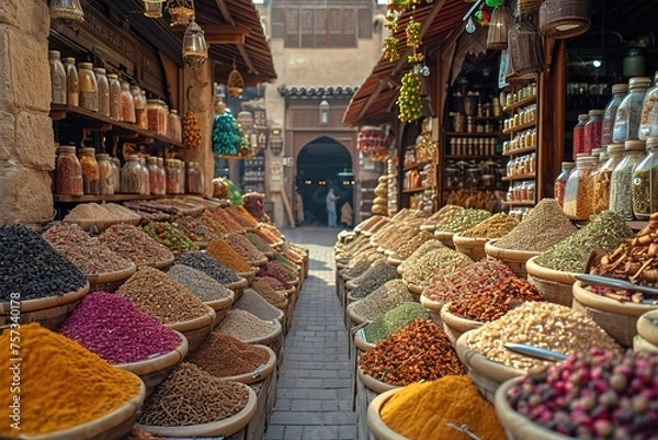Fototapeta A bustling spice souk in Dubai, with stalls filled with exotic spices and incense