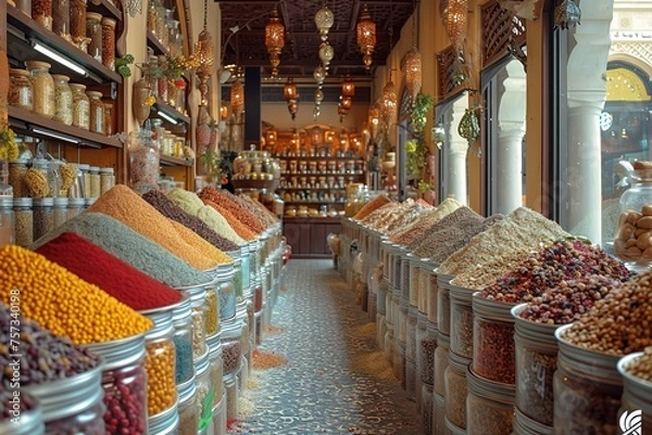 Fototapeta A bustling spice souk in Dubai, with stalls filled with exotic spices and incense