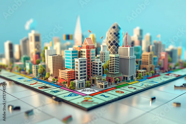 Obraz Monopoly board in 3d environnement light background cartoon style, megapolis, frontal view, tilt-shift effect, high details