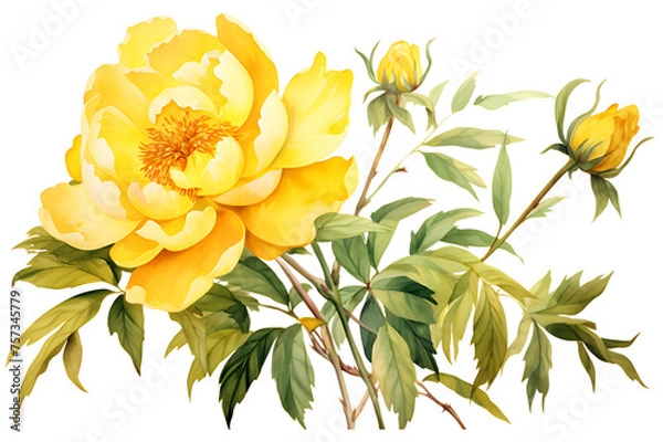 Fototapeta watercolor painting realistic Yellow peony, branches and leaves on white background. Clipping path included.