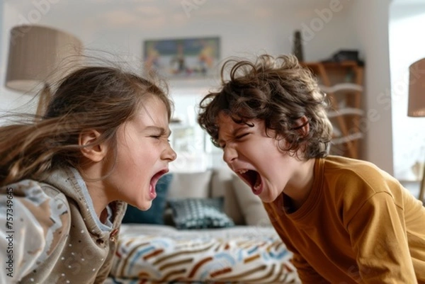 Fototapeta Portrait of two angry little siblings arguing screaming