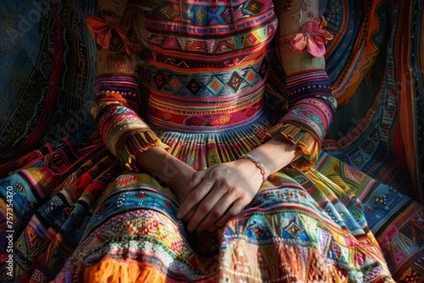 Obraz Colorful traditional attire with detailed patterns and hand accessories