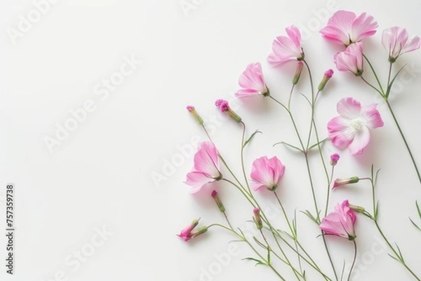 Fototapeta Delicate pink blossoms on a white background. Flowers greeting card for Mother's Day, Woman's Day, Easter, Valentine's Day, Wedding, and Birthday celebration. Flat lay, empty space, top view.