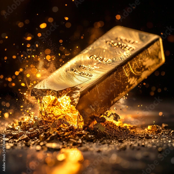 Obraz A fractured gold bar reforming into a perfect shape symbolizing the enduring value and malleability of gold