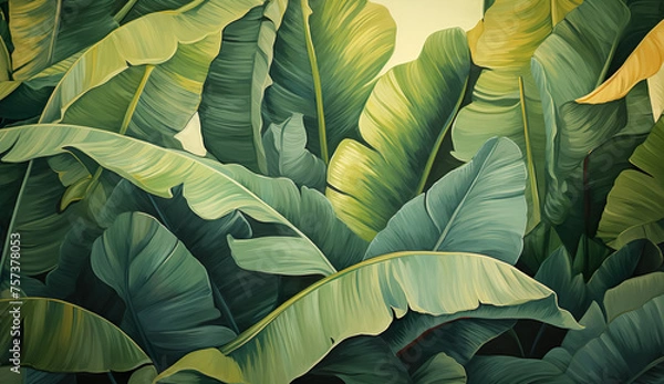 Fototapeta Pencil color drawing or painting of dark banana,plam leaves detail with dramatic shadow lighting.tropical botany floral wallpaper background.foliage greenery art with complex layer