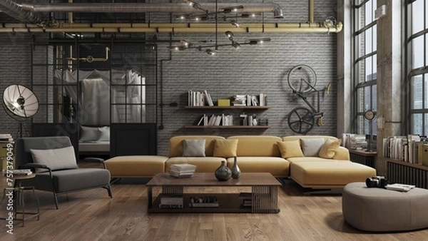 Fototapeta Loft living room interior adapted as a modern and spacious apartment. Industrial character is given by bricks walls, parquet floors and large windows. Behind the sliding doors is a bedroom. 3D render