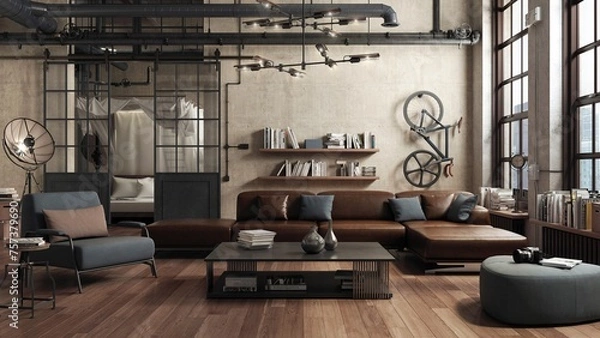 Fototapeta Loft living room interior adapted as a modern and spacious apartment. Industrial character is given by bricks walls, parquet floors and large windows. Behind the sliding doors is a bedroom. 3D render