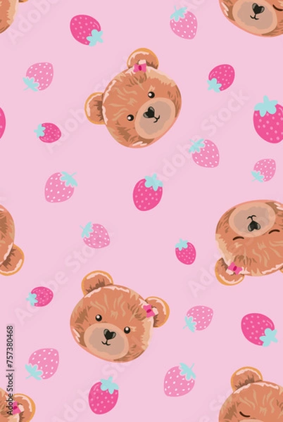 Fototapeta Delicate and beautiful illustration of bears in a childish style with randomly scattered strawberries. Art for printing on fabrics, wallpapers and decoration.
