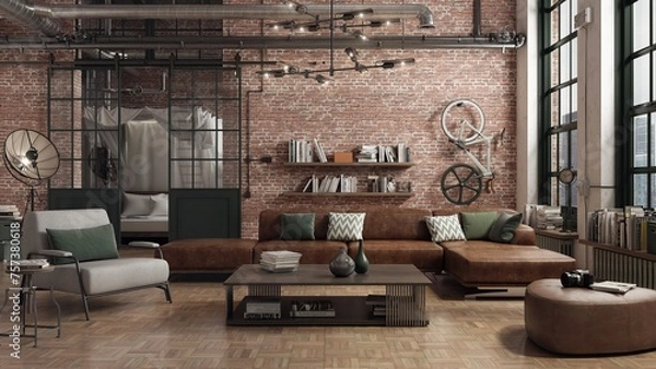 Fototapeta Loft living room interior adapted as a modern and spacious apartment. Industrial character is given by bricks walls, parquet floors and large windows. Behind the sliding doors is a bedroom. 3D render