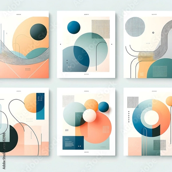 Fototapeta Modern abstract designs featuring geometric shapes, curvilinear lines, and pastel color palettes