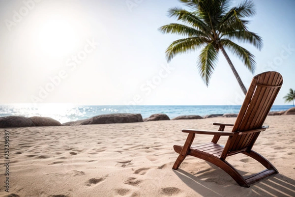 Fototapeta sun lounger on the beach under a palm tree, in the background there is a coastline with turquoise water. Rays of the sun in the frame. It's time for vacation 2024, tourist season.
