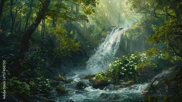 Fototapeta Waterfall on a mountain stream located in a misty forest, natural background