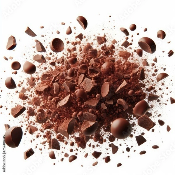 Fototapeta Flying small Chocolate crumbs and pieces isolated on a white background