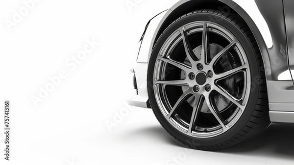 Obraz One car's wheel with aluminium rim, free space, copy space, isolated on white.
