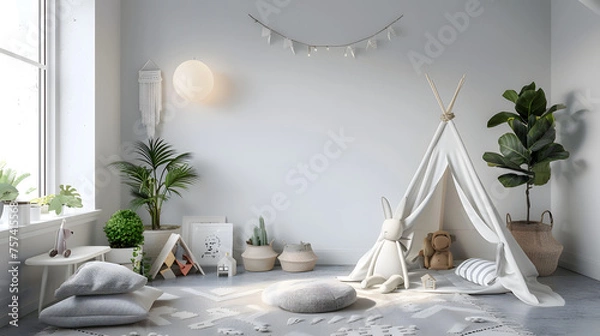 Fototapeta A whimsical child's room featuring a cute teepee tent and plush bunny, set in a neutral palette