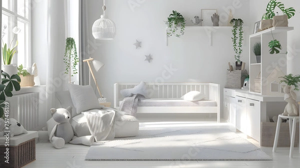 Obraz Bright and airy children's bedroom designed in Scandinavian style with a comfortable reading nook