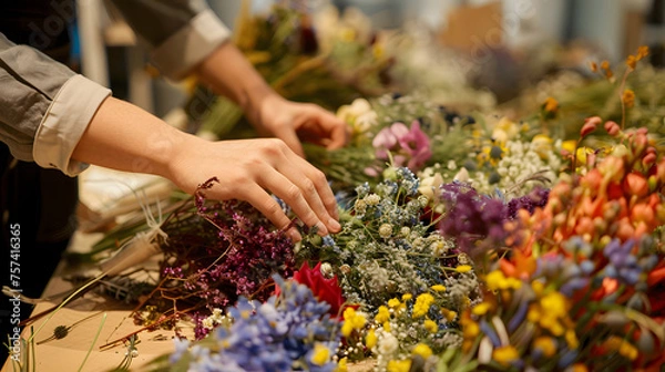 Fototapeta Hands Crafting Bouquets with Colorful Flowers at Workshop