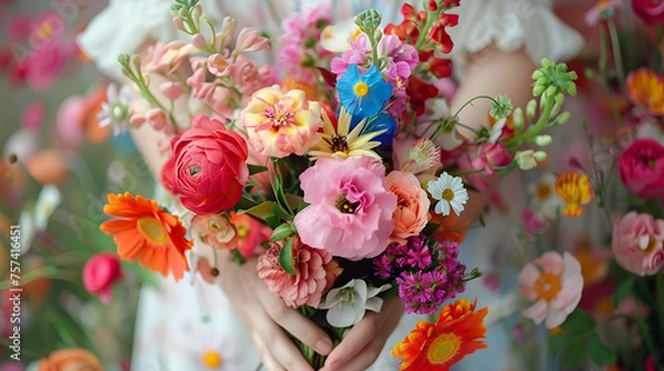 Fototapeta Flower Arrangement in Progress with Hands at Creative Workshop