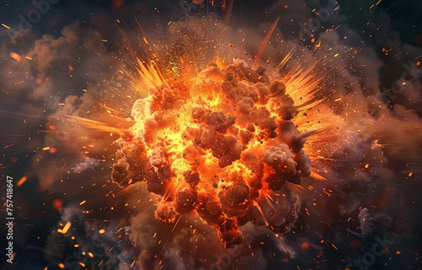 Fototapeta Explosion with smoke and sparks on an isolated dark background. A large fireball bursts out of the ground, surrounded by thick clouds of ash and dust.