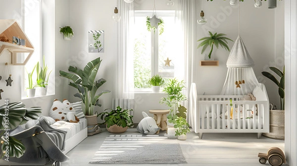 Obraz A soft and inviting nursery room filled with sunlight, natural wood furniture, and green plants