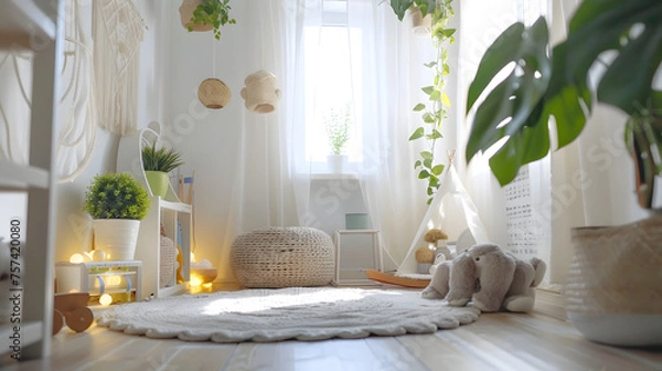 Fototapeta A children's play area filled with soft toys, neutral colors, and a focus on natural materials and lighting