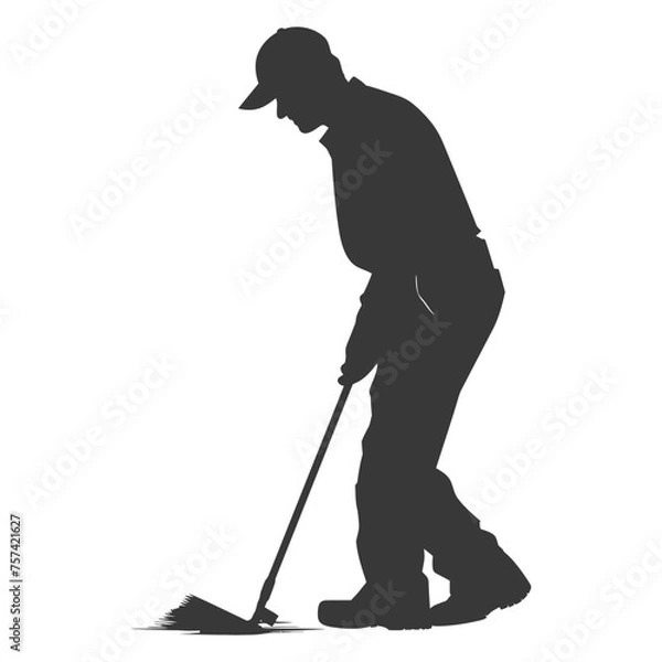 Fototapeta Silhouette janitor in action black color only full body
