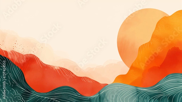 Fototapeta Asian American Heritage Month background. Oriental template design with empty copy space.. Abstract backdrop with sun and waves