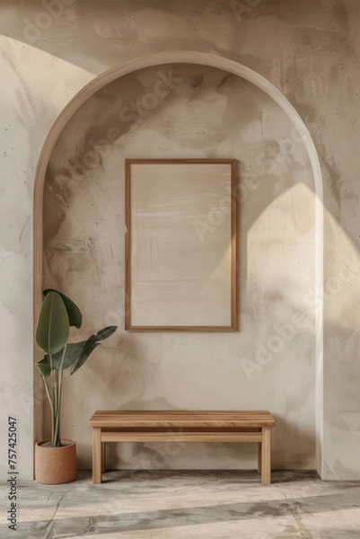 Fototapeta Modern gallery, bench and home interior design with natural light for apartment, hotel and home. Bright, clean and stylish arch with white wall for exhibition and display area indoor decoration