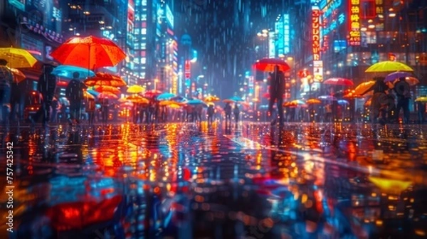 Fototapeta A bustling urban street scene at dusk, neon lights reflecting on wet pavements, people hurrying by with umbrellas, and the vibrant life of the city pulsating under a light rain
