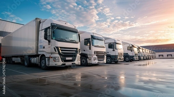 Fototapeta Close up fleet of trucks parked in front of warehouse to delivering factory goods. AI generated