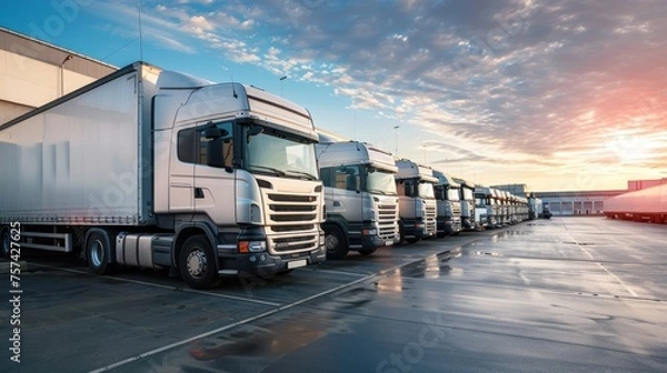 Obraz Close up fleet of trucks parked in front of warehouse to delivering factory goods. AI generated
